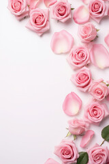 Fototapeta na wymiar pink roses on a white background. mockup, card or invitation. Flat lay, top view. valentine's day or wedding