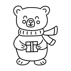Cute bear in scarf holding gift in box. Black and white isolated vector illustration hand drawn doodle. Festive mood. Wild forest animal. New Year or Christmas teddy bear