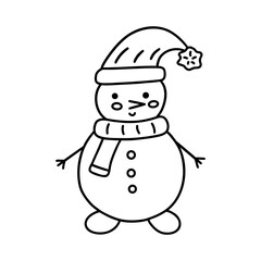 Cute snowman in scarf and hat on his head. Winter holiday icon. Black and white vector isolated illustration hand drawn doodle clip art