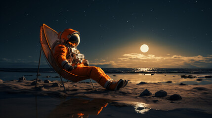 Man dressed as an astronaut sitting in a beach chair looking towards the horizon at an orange planet on a beach on another planet. Vacation concept.