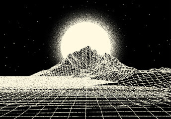 Retro dotwork landscape with 80s styled sun, grid mountains and stars background from old sci-fi book or poster. - obrazy, fototapety, plakaty