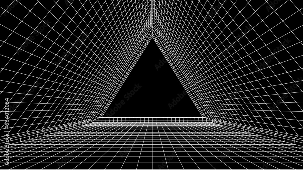 Poster Abstract 80s styled computer background. Sci-fi architecture interior with retro lines. Synthwave or retrowave grid room.