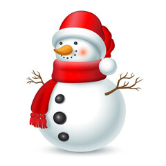 Christmas snowman in the red hat with bubo and red scarf. Vector illustration isolated on white background.
