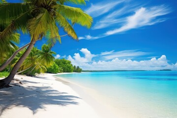 Exotic tropical beach with turquoise water, white sand, and palm tree shadows.