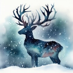 Silhouette of a reindeer, deer in the snow.