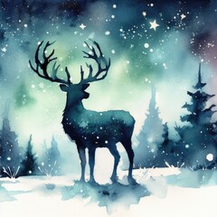 Reindeer in a snowy pine forest, deer in the snow.