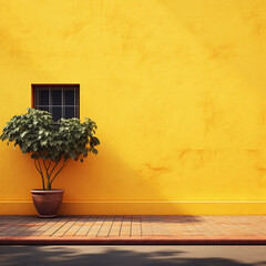 Fondo con detalle de pared de tonos amarillos con arbol y suelo