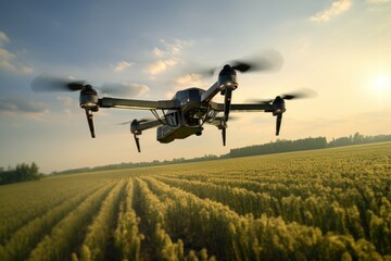 Fototapeta na wymiar Innovative technology in modern agriculture. Drone flying over a crop field.