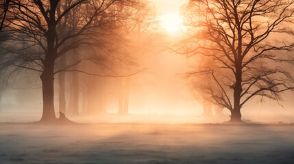 A misty, foggy morning revealed shadowy tree silhouettes, creating an air of intriguing allure.