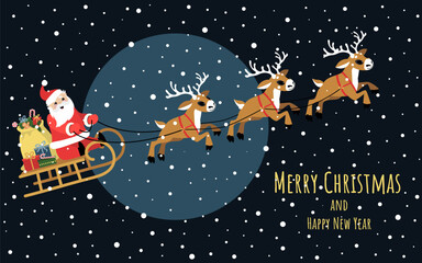 Santa Claus rides on a sleigh over the city at night. Design elements for banners, flyers, cards.