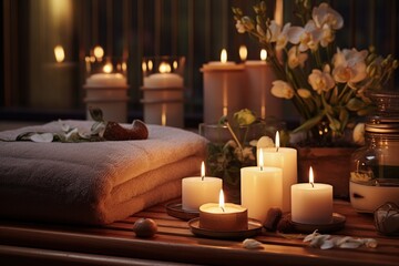 Luxurious spa setting with lit candles, essential oils, and serene ambiance.