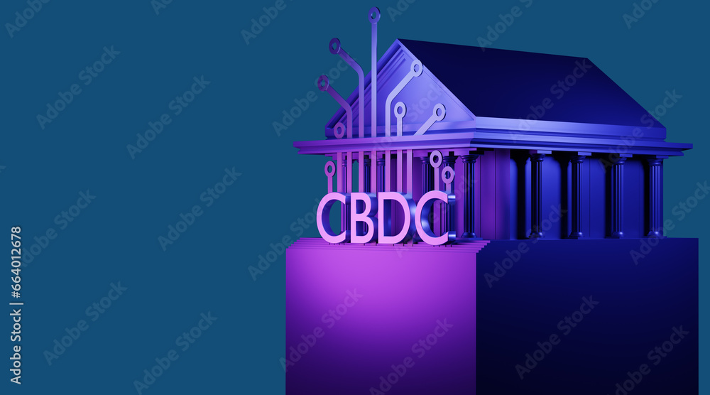 Poster cbdc logo on building. house with columns on pedestal. cbdc symbol in neon light. central bank digit