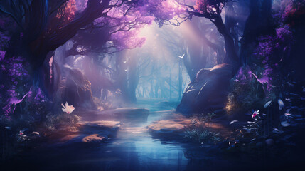 A dream-like forest of ethereal teal and violet hues transports viewers to a mystical realm.