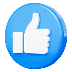 Blue like icon thumbs up social sign or notification button symbol graphic design element isolated on empty background, followers concept. 3D rendering.
