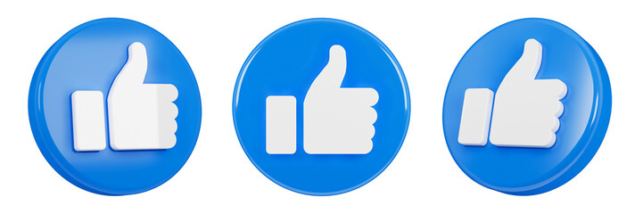 Blue like icon thumbs up social sign or notification button symbol graphic design element isolated on empty background, followers concept. 3D rendering.