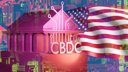 CBDC in USA. American flag and bank building. Central bank digital currency. Blockchain dollar....