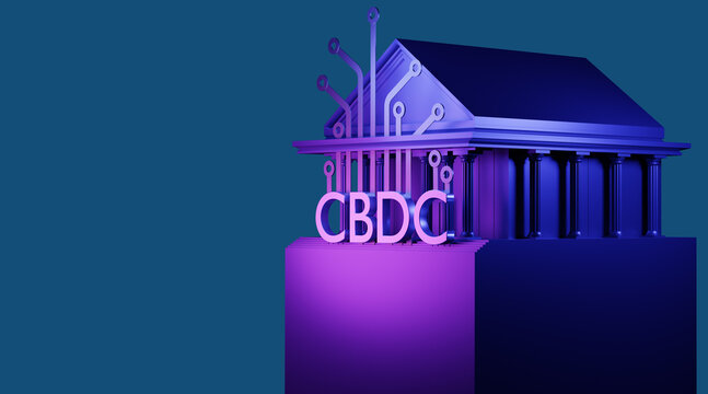CBDC logo on building. House with columns on pedestal. CBDC symbol in neon light. Central bank digital currency. Legislative implementation of CBDC money. Blockchain exchange. 3d image