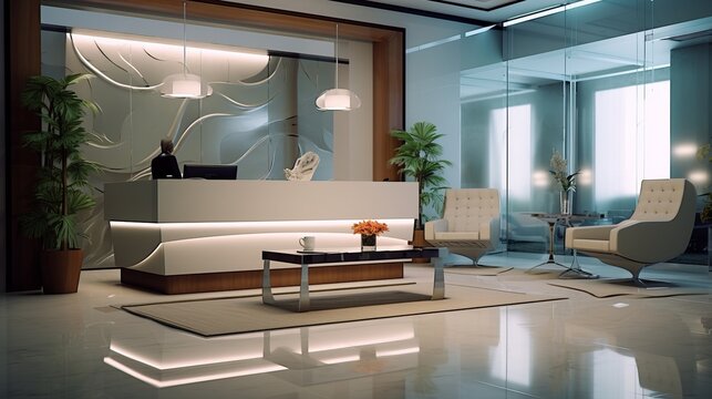 A stylish corporate office reception area