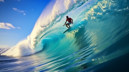 A surfer gracefully rides a perfect wave at a popular surf spot. - obrazy, fototapety, plakaty