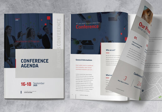 Business Conference Agenda Brochure with Blue and Red Accents
