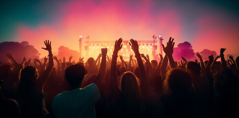 crowd people at a music concert, waving hands and dancing together, neon night colors sunset