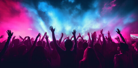 many people at a music concert, waving hands and dancing together, neon night colors - obrazy, fototapety, plakaty