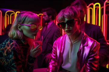 group of friends with peculiar outfit portrait, in the nightclub scene  freetime, drinking beer together, neon color vibes