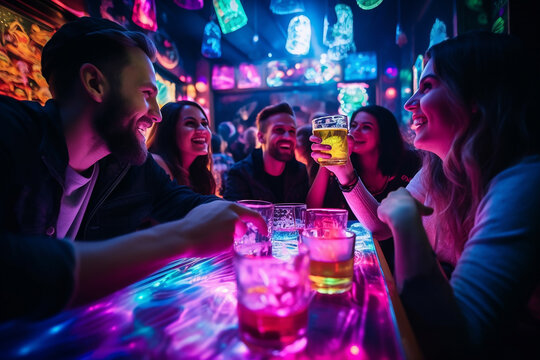group of friends with peculiar outfit portrait, outdoor scene night freetime, drinking beer together, neon color vibes