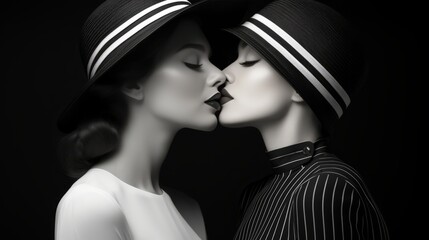 Passionate love and fearless fashion collide as two women embrace, their hats adding a touch of whimsy to their passionate kiss