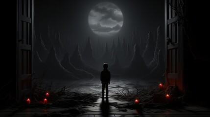 As the moon casts its eerie light upon the dark forest, a child stands alone, lost in the darkness of the night, surrounded by the street lights and the wildness of the outdoors