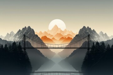 Bridge joining two mountains, reflected in a river and the sunset over the clouds in the background. Conceptual illustration. - obrazy, fototapety, plakaty