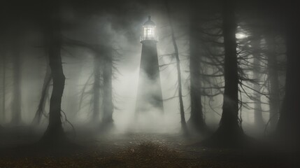 In the dense forest, a solitary light house pierces through the thick fog, beckoning lost travelers...