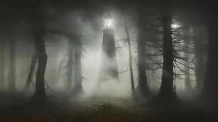 Fotobehang In the dense forest, a solitary light house pierces through the thick fog, beckoning lost travelers with its warm glow amidst the dark and misty landscape of nature © Envision