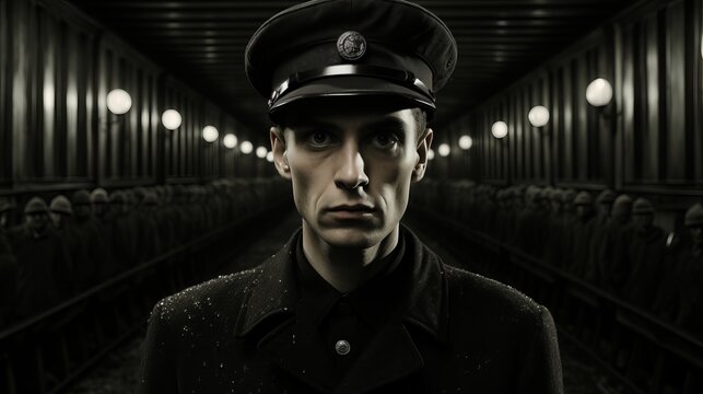 A stoic man donning his crisp uniform and helmet, stands confidently indoors with a hat atop his head, exuding authority and professionalism