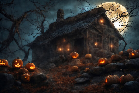 halloween night, old house in mystical forest, around pumpkins, flying bats on big full moon background, scary and fabulous, dark magic