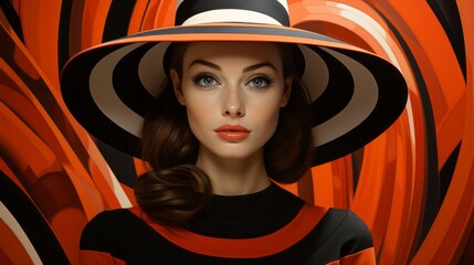 A striking portrait of a fashionable woman adorned with an orange headdress, her hat becoming a canvas for a mesmerizing display of art and individuality - obrazy, fototapety, plakaty