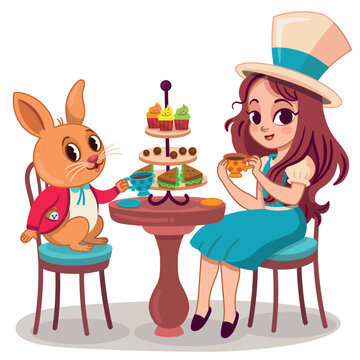 Alice and the rabbit characters are having fun at a tea party. Vector illustration on the theme of Alice in Wonderland.
