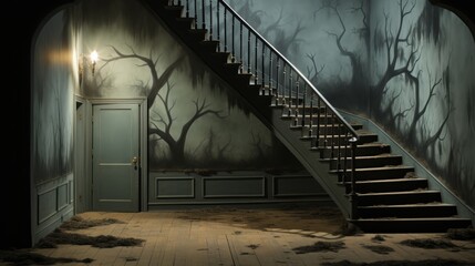 A decaying stairwell leads to a forgotten door, the only light shining through the painted trees on...