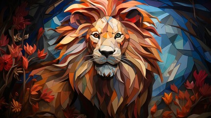 A majestic lion bursts to life on a vibrant canvas, its fierce yet playful essence captured in bold brushstrokes and a whimsical cartoon style