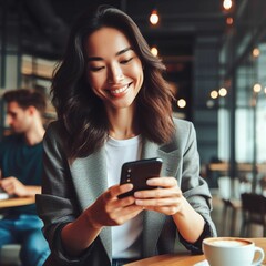 a woman smiling with a cell phone. IA Generativa