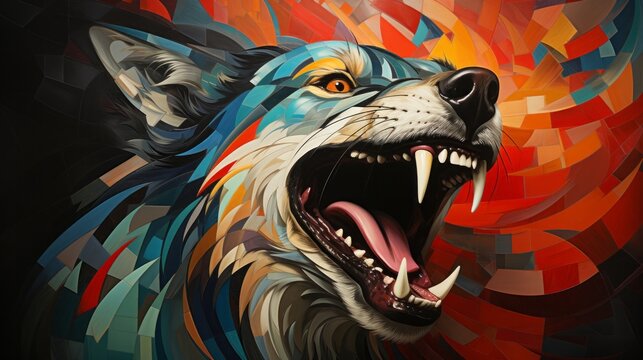 A wild mammal, captured in fierce illustration, bares its sharp fangs with a primal roar in this stunning painting of a wolf