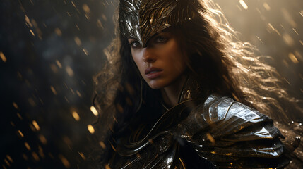 portrait of a beautiful warrior woman in heavy armor during battle in dark fantasy style