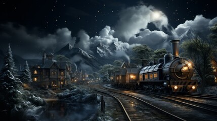 Amidst a smoky veil, the train chugs through the starlit night, passing by quaint houses and towering mountains, its locomotive billowing steam as it races along the endless railroad track - obrazy, fototapety, plakaty