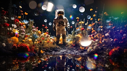 Dreamlike image of an astronaut on the edge of a stream surrounded by hundreds of colorful flowers under overhead lighting and backlighting.