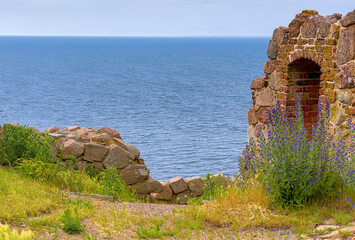 the coastline view from  the  ruin of the ancient castle Hammershus in the north of Bornholm,...