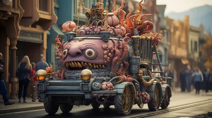Foto op Canvas A monstrous vehicle roars down the street, its wheel crushing everything in its path as it leads a wild parade through the city, its monstrous head casting a menacing shadow on the buildings © Envision