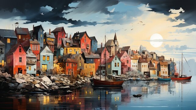 A vibrant cityscape bursts to life on canvas, with dreamy clouds swirling above the outdoor harbor and reflecting off the calm waters as ships and boats dance upon the lake