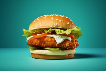 Delicious chicken burger with lettuce, cheese, and onions on a vibrant blue background. Attractive angle. Generative AI