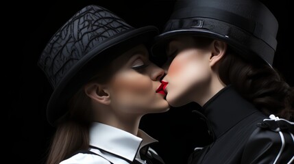 A passionate embrace between two stylish women, adorned with fedoras and oozing confidence, their kiss a bold statement against societal norms - obrazy, fototapety, plakaty