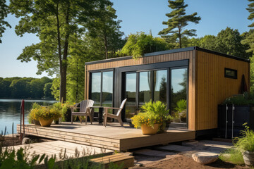 Modern shipping container house home, tiny house near lake in sunny day. Shipping container houses is sustainable, eco-friendly living accommodation or holiday home